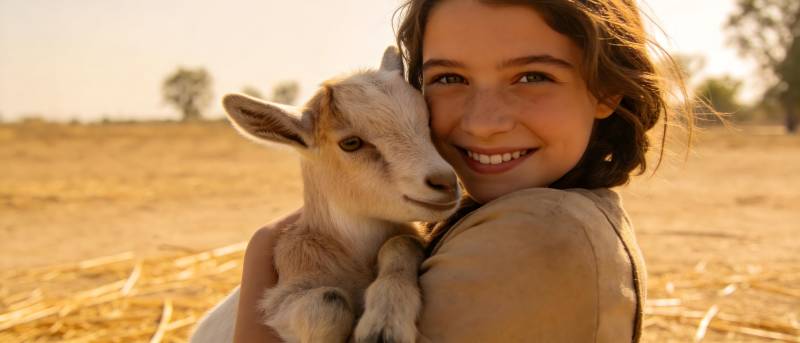 少女怀抱小羊 温暖微笑图片