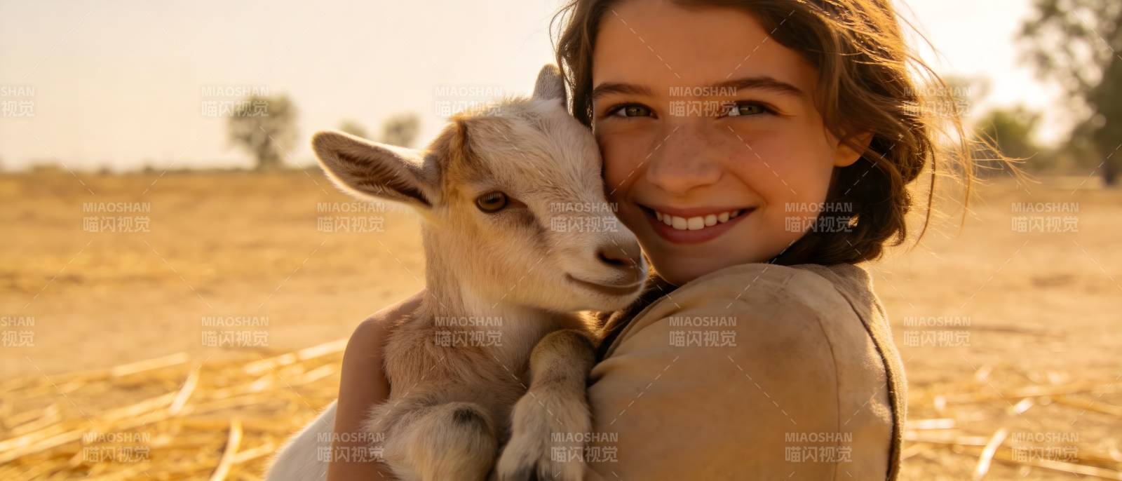 少女怀抱小羊 温暖微笑图片