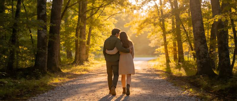 秋日林间 相拥漫步图片