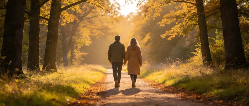 秋日林间 携手漫步夕阳下图片