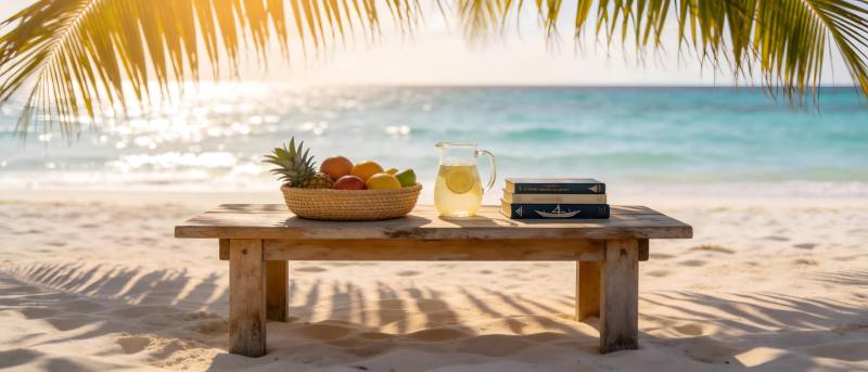 海滩木桌果饮书 椰影阳光伴海风图片