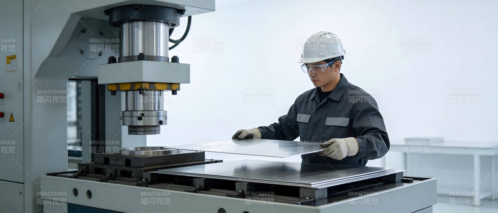 工人操作液压机压板材图片