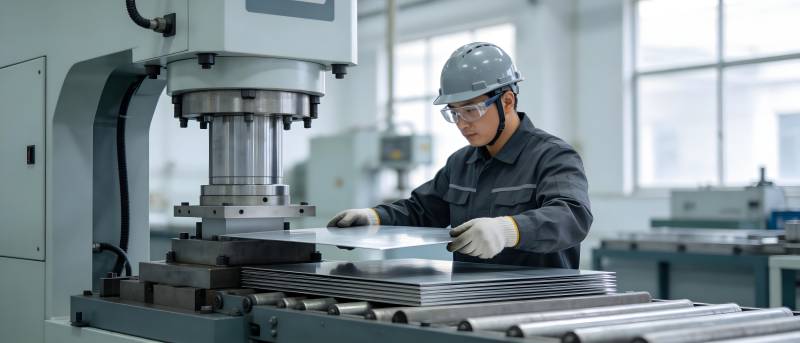 工人操作冲压机加工金属板图片