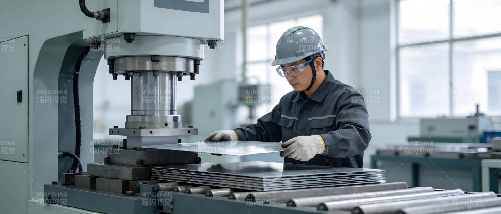 工人操作冲压机加工金属板图片