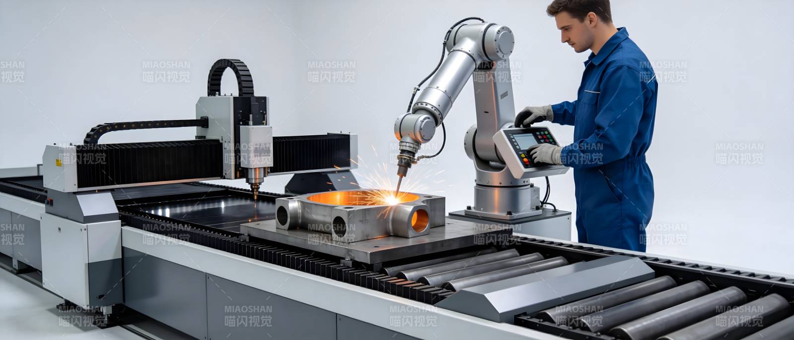 工人操控机械臂加工金属件图片