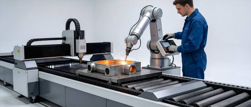 工人操控机械臂加工金属件图片