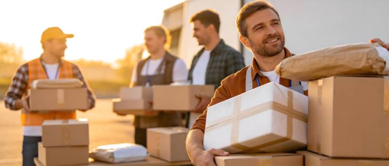 快递员搬运包裹 阳光下的忙碌身影图片