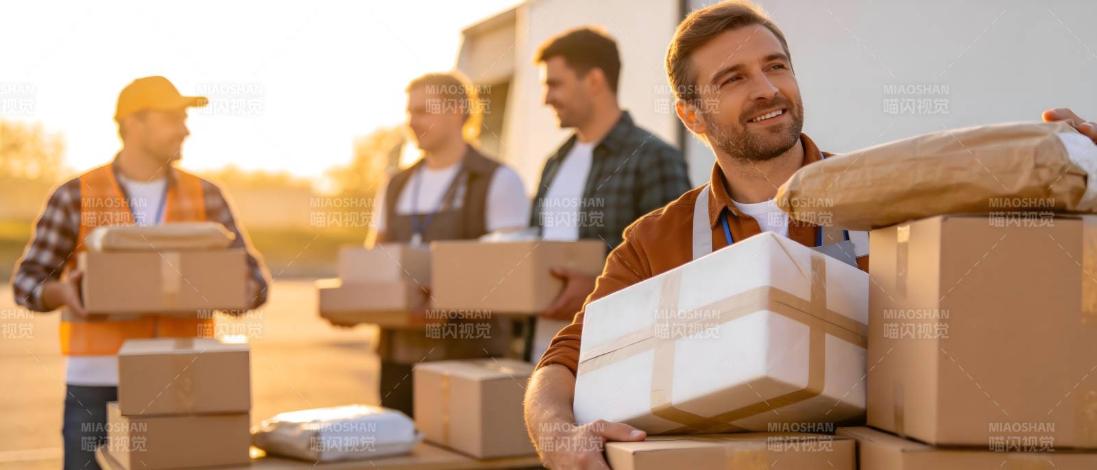 快递员搬运包裹 阳光下的忙碌身影图片