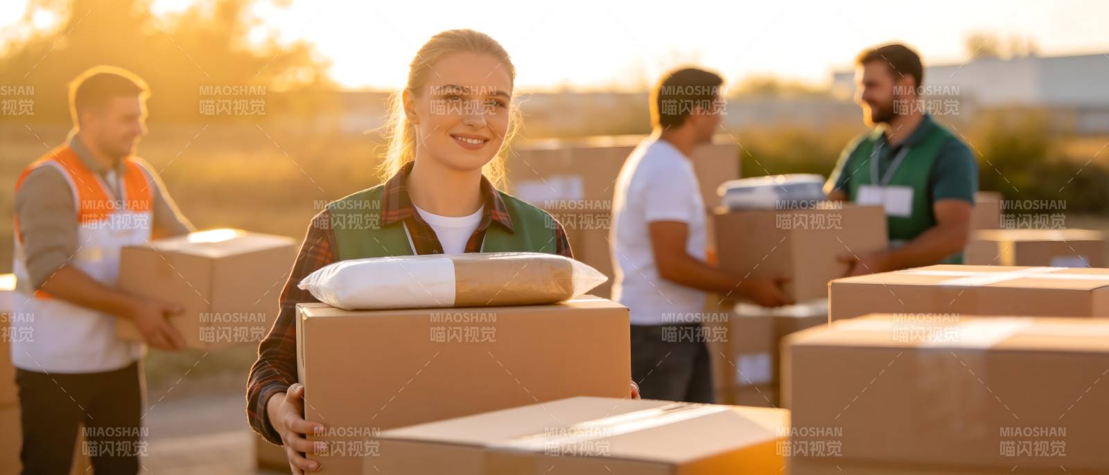 夕阳下 物流团队搬运货物图片