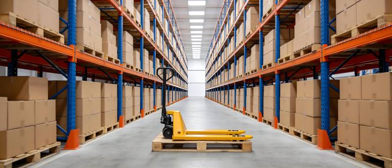 仓库货架通道 叉车静置中央图片