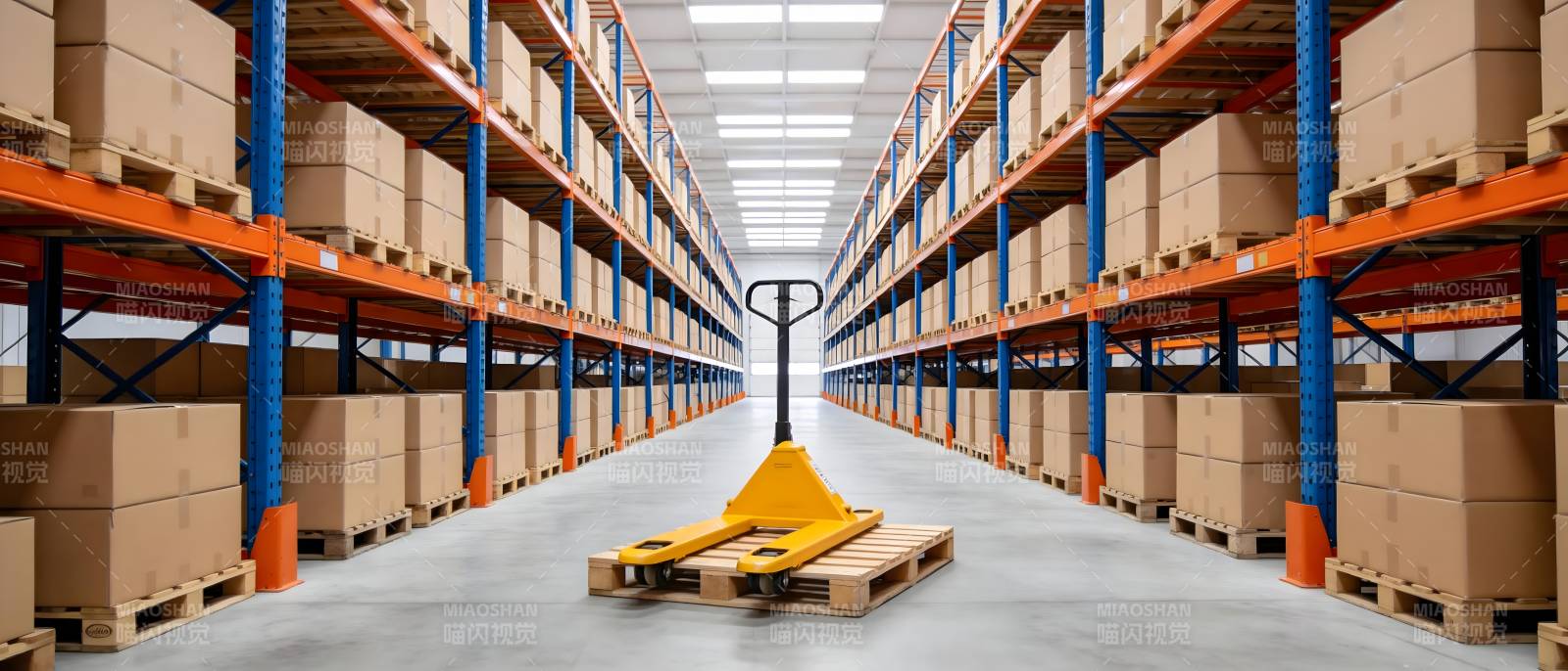 仓库通道中的黄色托盘车图片