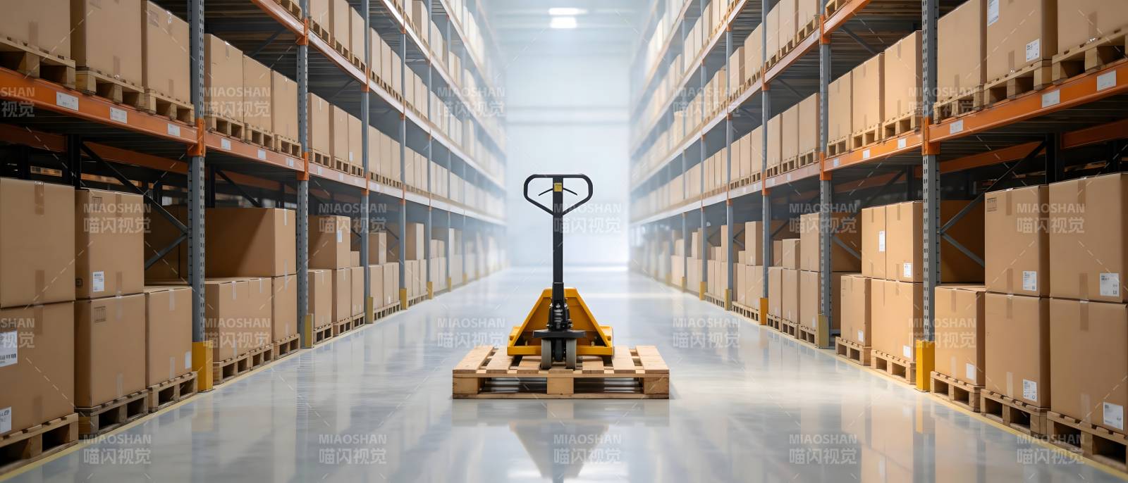 仓库通道中的手动叉车图片