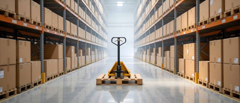 仓库通道中的手动叉车图片