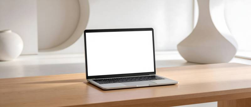 笔记本电脑静置木桌 白屏待启图片