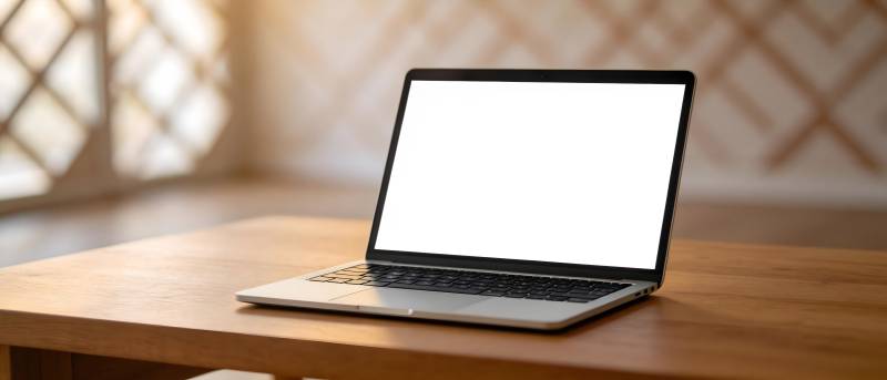 木桌上的空白屏笔记本电脑图片