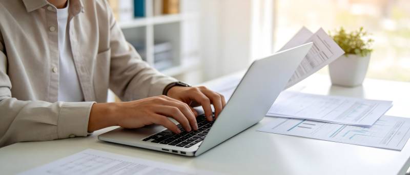 办公桌上打字处理文件图片