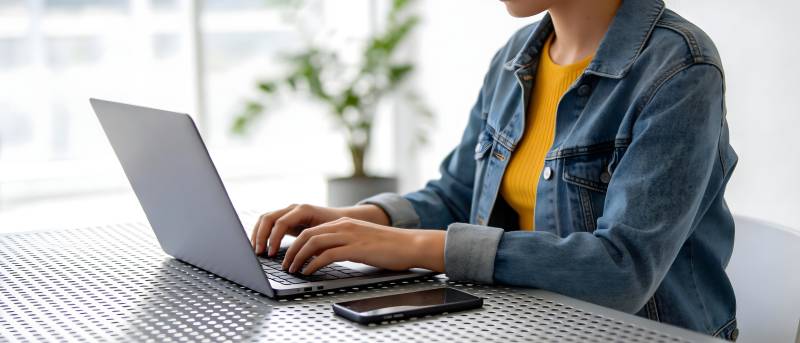 女子桌前用笔记本电脑图片