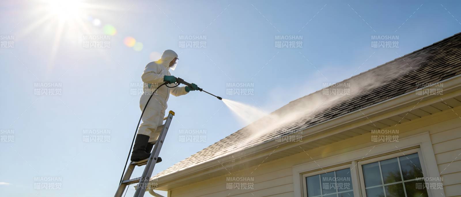 工人高压清洗屋顶图片