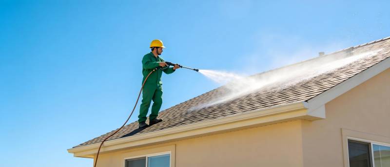工人高压清洗屋顶图片