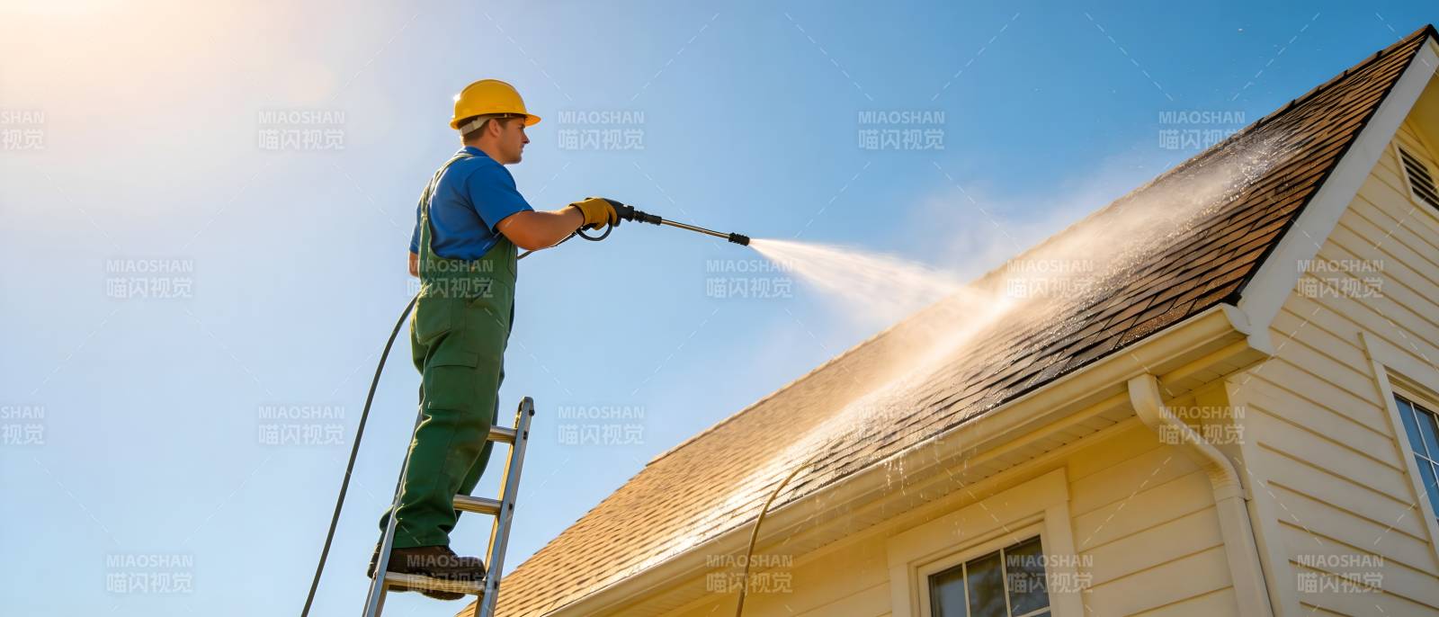 工人高压清洗屋顶图片