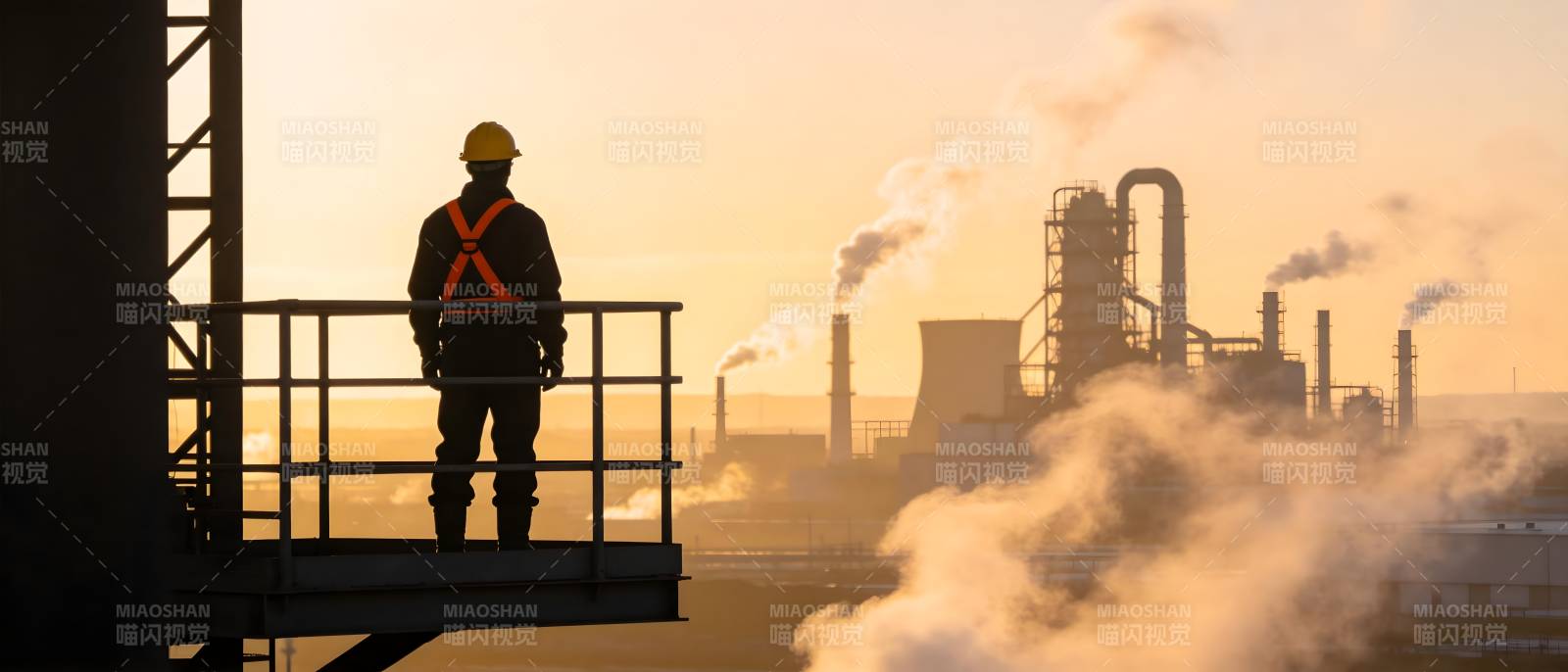 工人凝望工厂晨曦图片