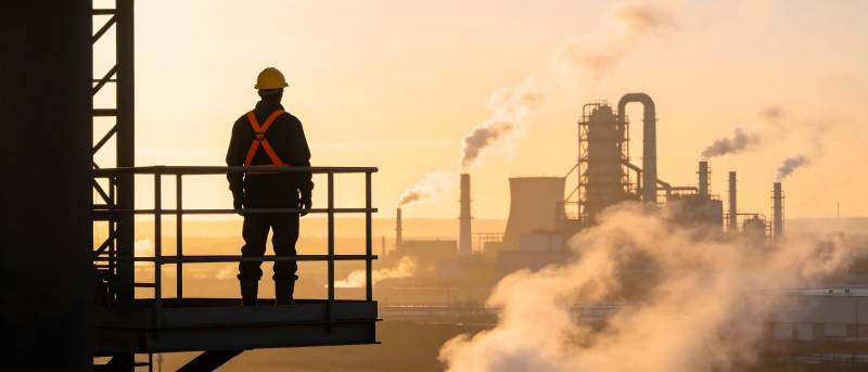 工人凝望工厂晨曦图片