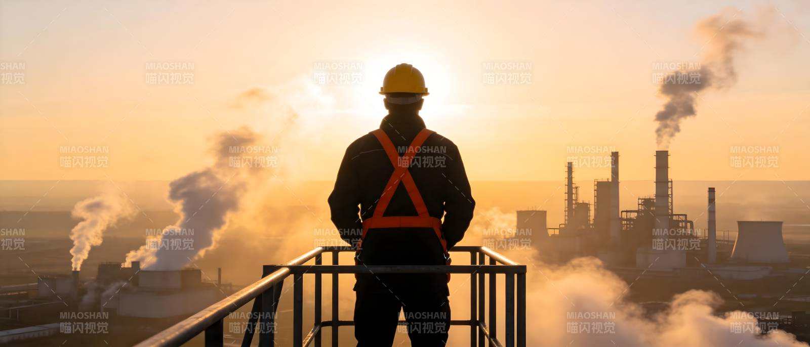工人眺望工厂日落景象图片
