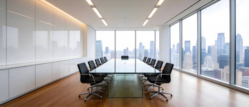 高层会议室俯瞰城市天际线图片