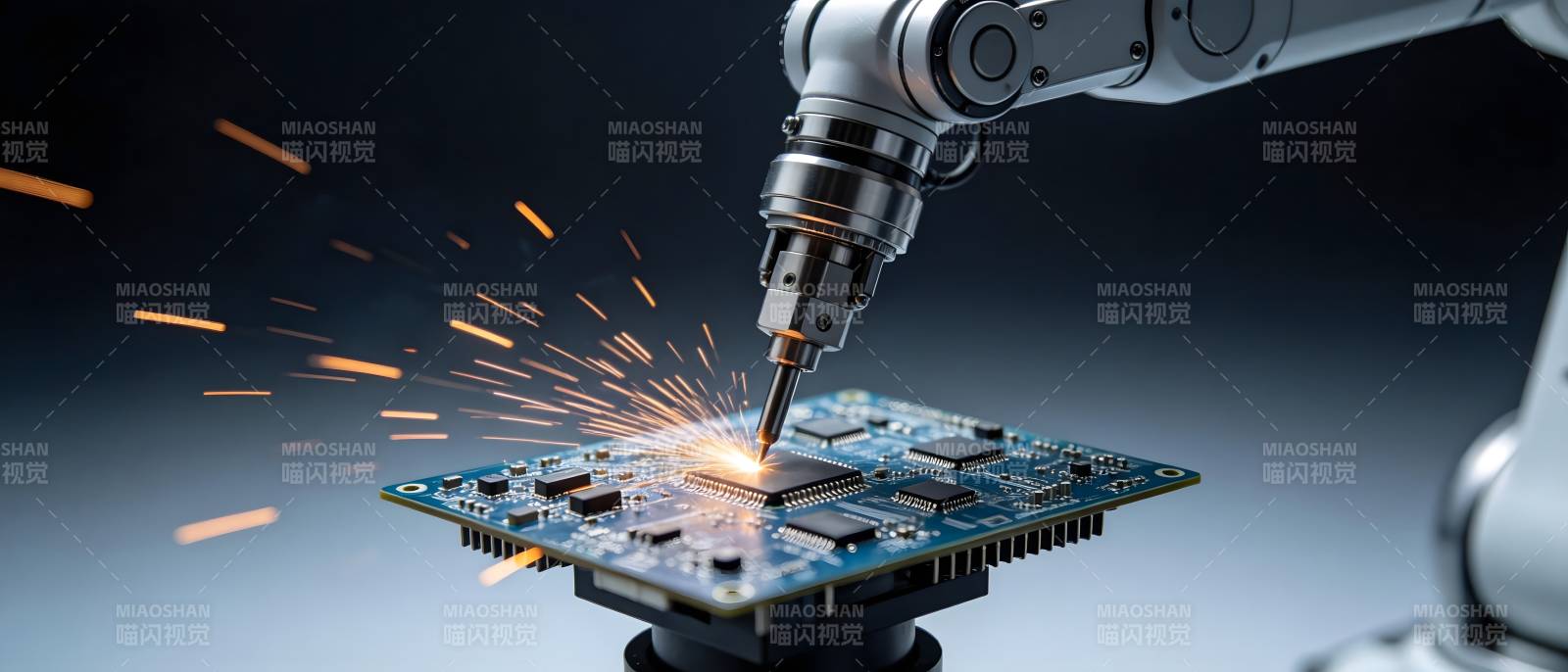 机械臂焊接电路板火花四溅图片