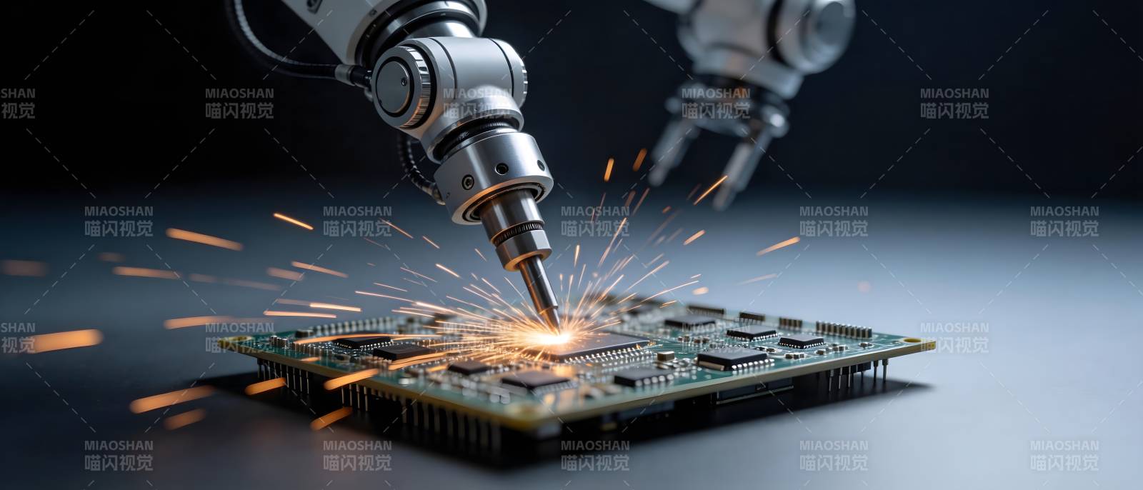 机械臂焊接电路板火花四溅图片