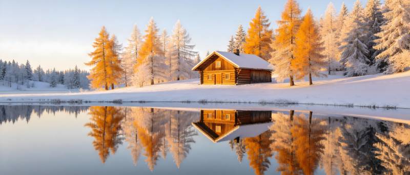 雪湖木屋 金松倒影如画图片