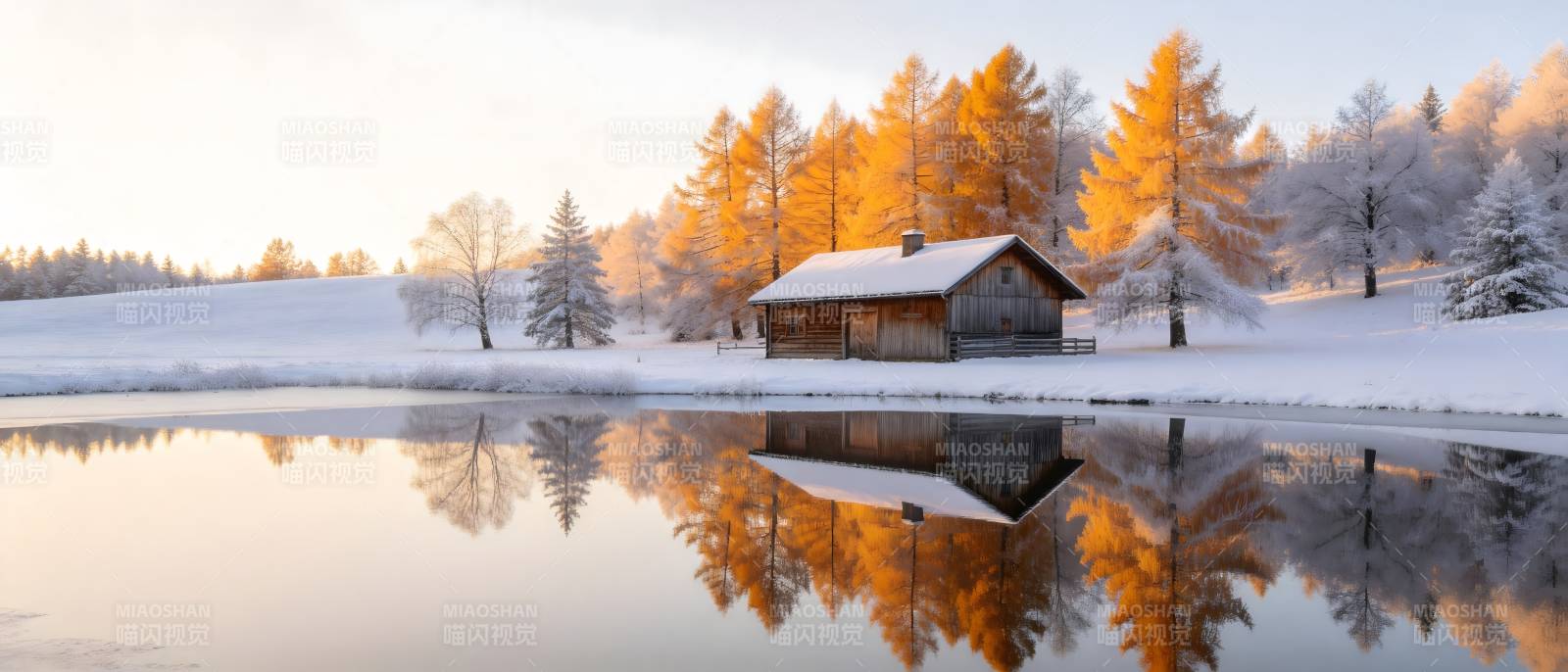 雪湖木屋 金树倒影如画图片