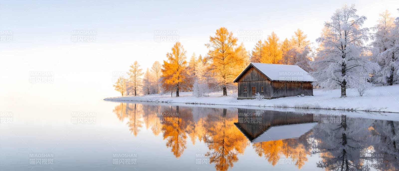 雪湖木屋 秋林倒影如画图片