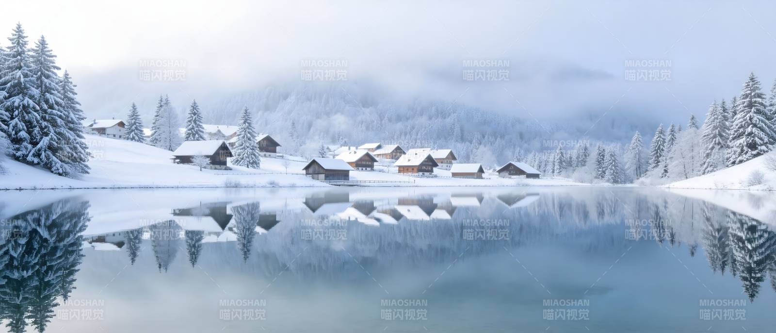 雪湖映村 静谧如画图片