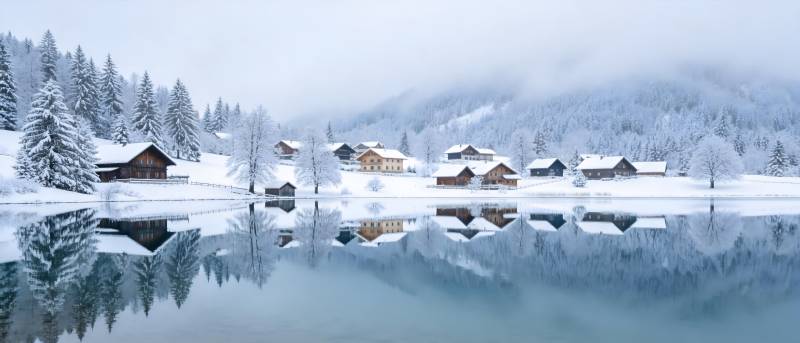 雪湖倒影 静谧冬景如画图片