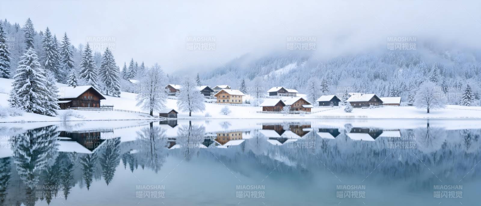 雪湖倒影 静谧冬景如画图片
