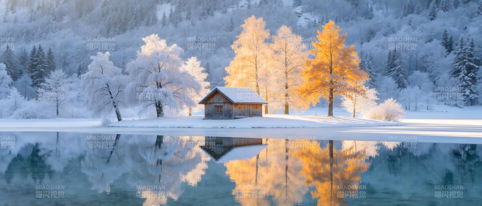 雪湖金树映小屋图片