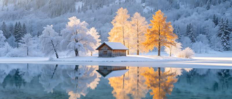 雪湖金树映小屋图片