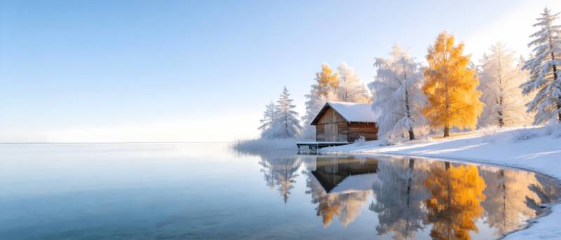 雪湖木屋 倒影如画图片