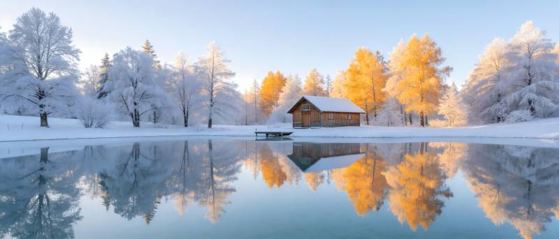 雪湖木屋 倒影如画图片