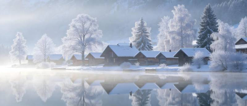 雪覆村庄 湖映霜林图片