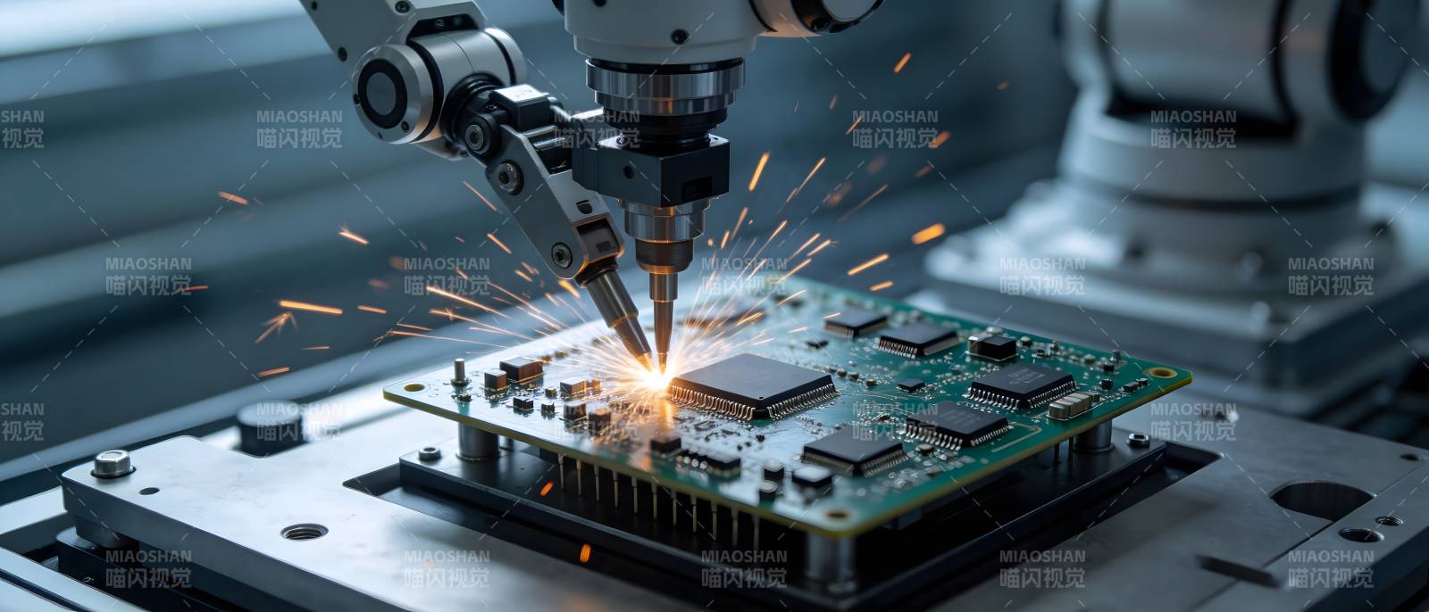 机械臂焊接电路板火花四溅图片