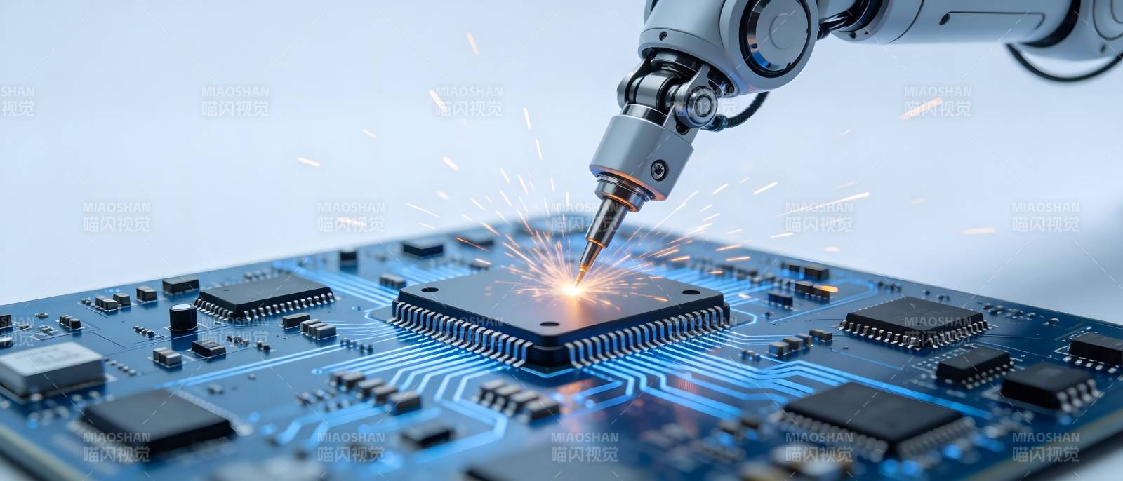 机械臂焊接芯片火花四溅图片