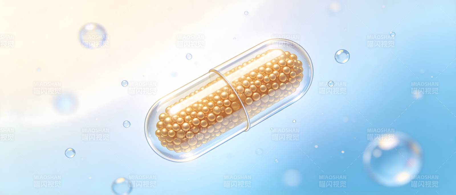 胶囊药丸水中漂浮特写图片