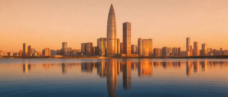 深圳湾日落 摩天楼倒影如画图片
