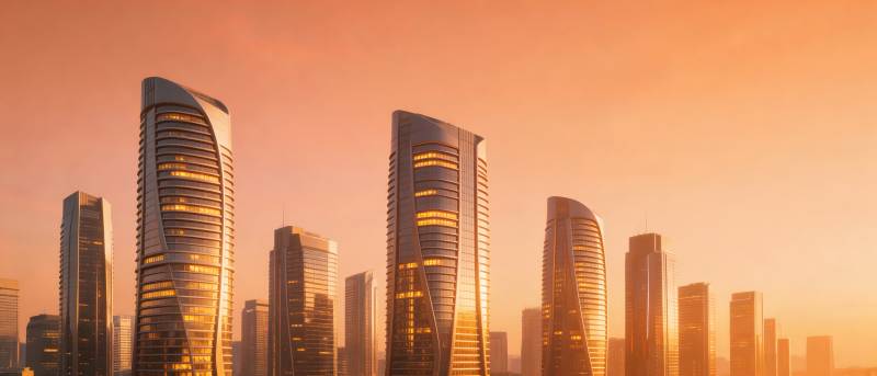 夕阳下的摩天楼群图片