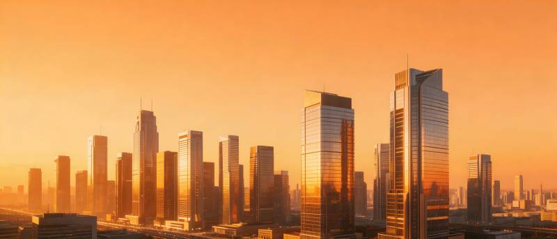 夕阳下的金色都市天际线图片