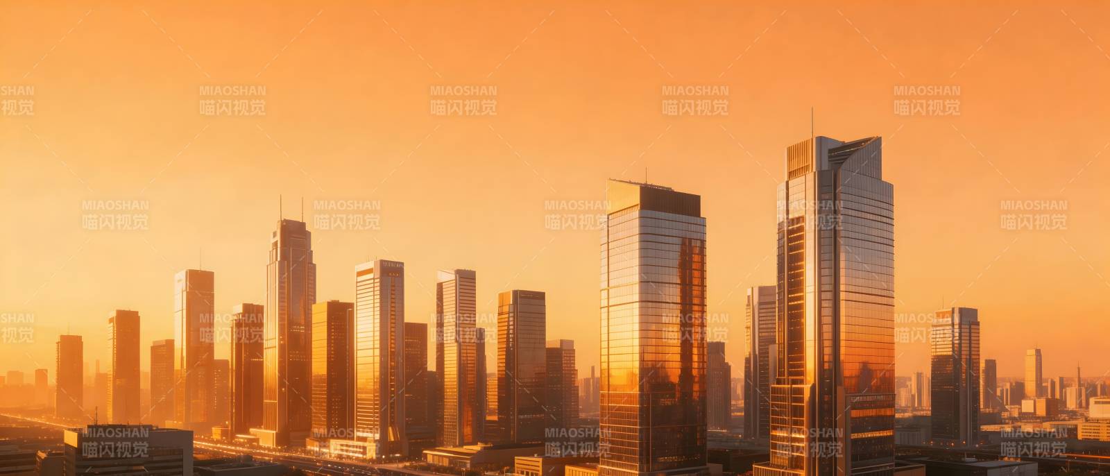 夕阳下的金色都市天际线图片