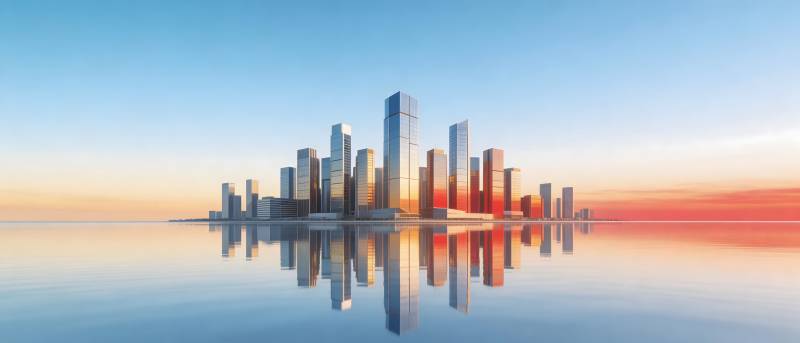 水天相接 城市倒影如画图片