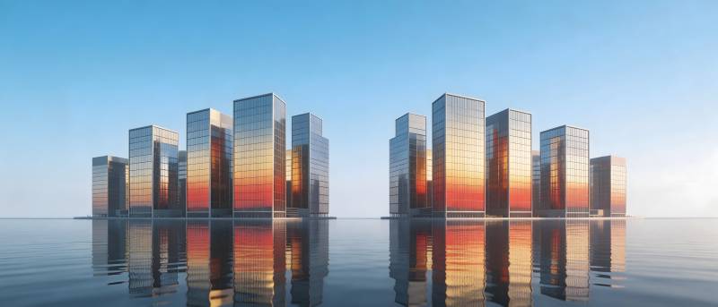 水镜之城 日落倒影图片